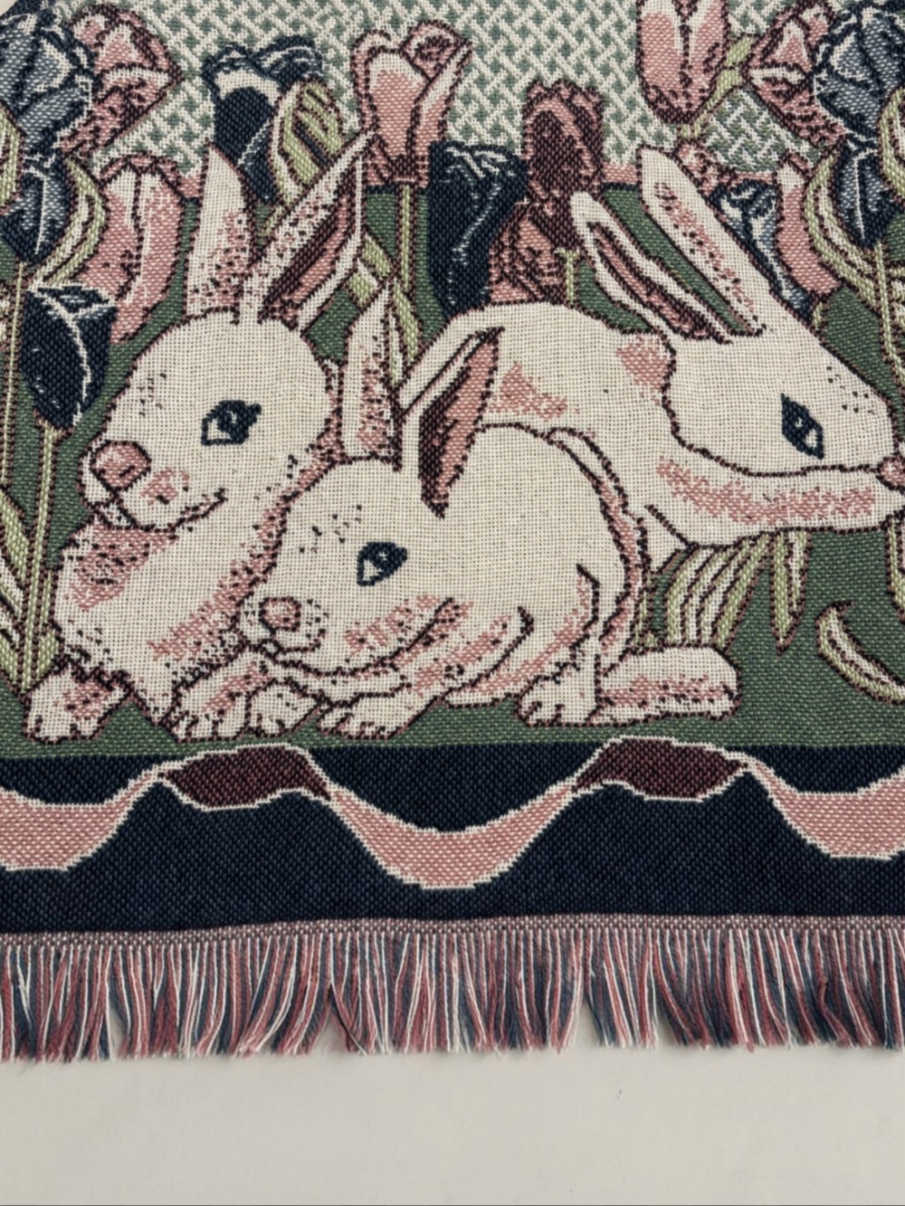 Sugar Street Weavers Rabbit Tulip Tapestry Fringe Vest M Cottagecore Folk Art - Picture 10 of 16